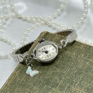 Silver Wind-Up Timex Watch with Opal Butterfly Charm